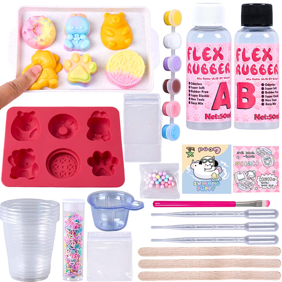 Donut Mold Silicone - タバスクイッシーメーカーキット フレックスラバーABセット 猫の足、クマ、ドーナツ型シリコンモールド ストレス解消スクイッシー クラフト製作 大人初心者向け