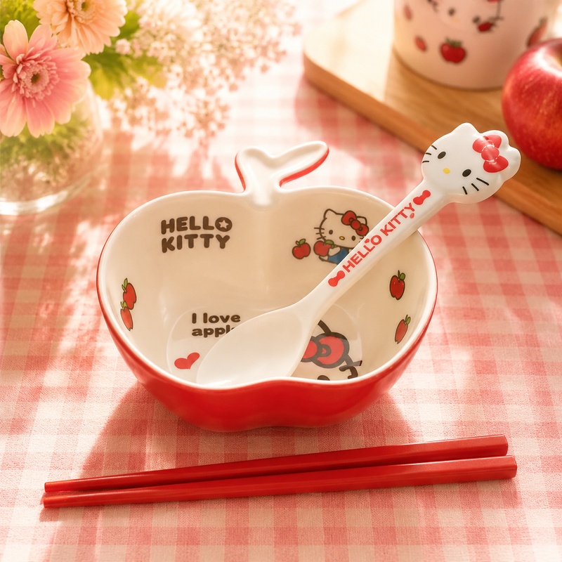 Dim Sum Basket - ハローキティのメラミン食器セット、かわいい漫画デザイン、フルーツ型、サラダ・麺用ボウル、スプーンと箸のセット