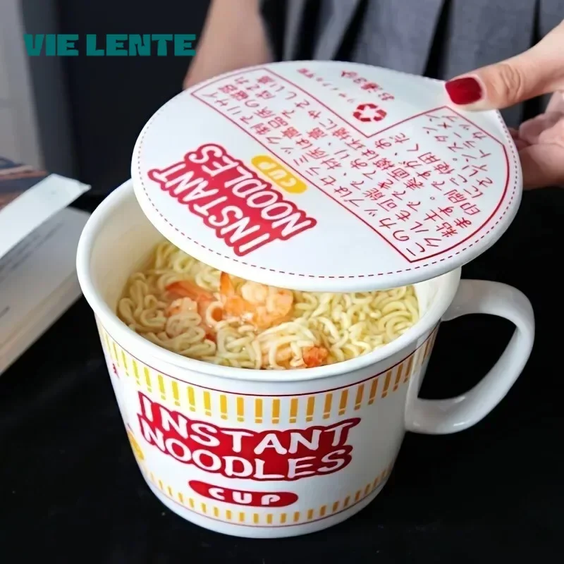 Dim Sum Basket - 1個入り大容量セラミックインスタントラーメンボウル（蓋付き）、寮や家庭のキッチンに最適 - 麺を新鮮で温かく保ちます。