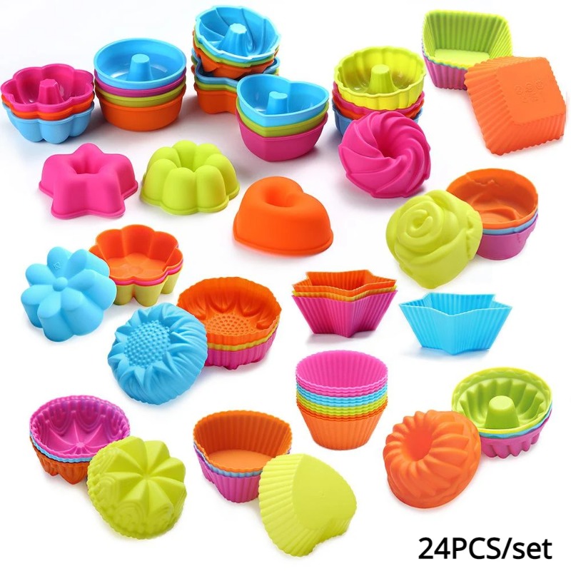 Donut Mold Silicone - 24個のシリコンマフィンカップケーキカップマフィンカップケーキライナードーナツ9形状マフィンカップベーキングウェアトレイパン